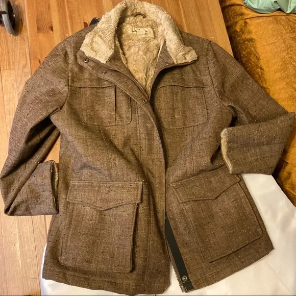 Woolrich Tweed Brown/Tan Utility Coat Barn Jacket Faux Fur lined 6 pockets sz M - Picture 15 of 15